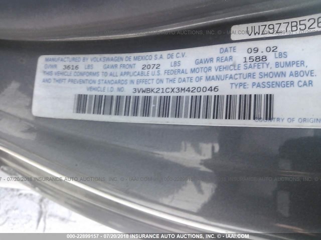 3VWBK21CX3M420046 - 2003 VOLKSWAGEN NEW BEETLE GL 灰色 照片 9