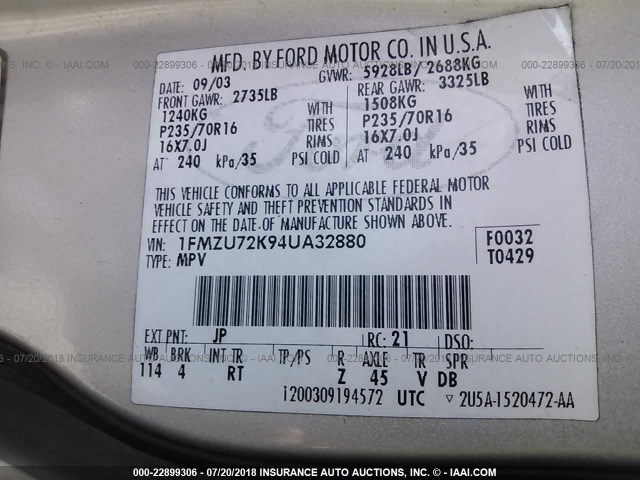 1FMZU72K94UA32880 - 2004 FORD EXPLORER XLS/XLS SPORT SILVER photo 9