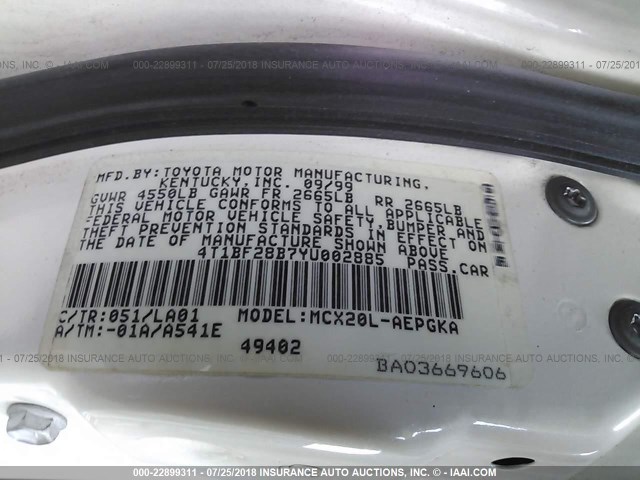 4T1BF28B7YU002885 - 2000 TOYOTA AVALON XL/XLS WHITE photo 9