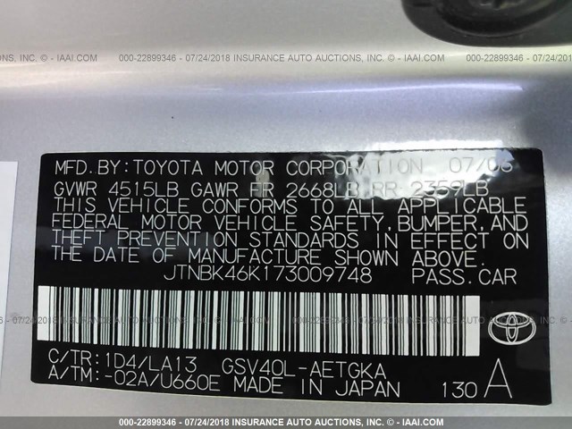 JTNBK46K173009748 - 2007 TOYOTA CAMRY NEW GENERAT LE/XLE/SE SILVER photo 9