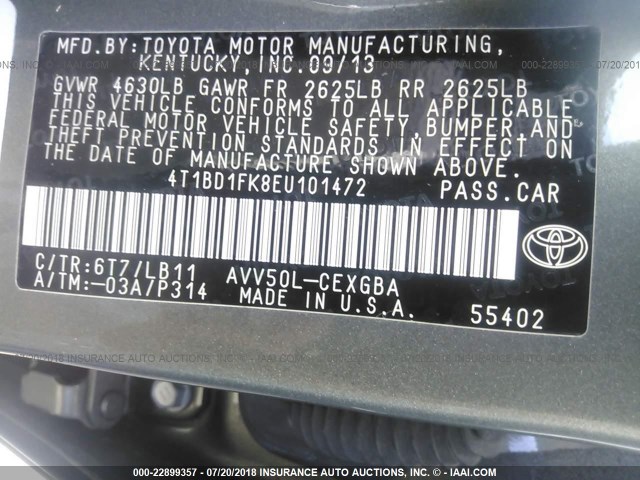 4T1BD1FK8EU101472 - 2014 TOYOTA CAMRY HYBRID/LE/XLE 灰色 照片 9