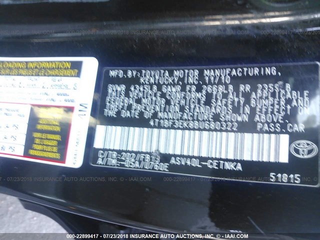 4T1BF3EK8BU680322 - 2011 TOYOTA CAMRY SE/LE/XLE შავი ფოტო 9