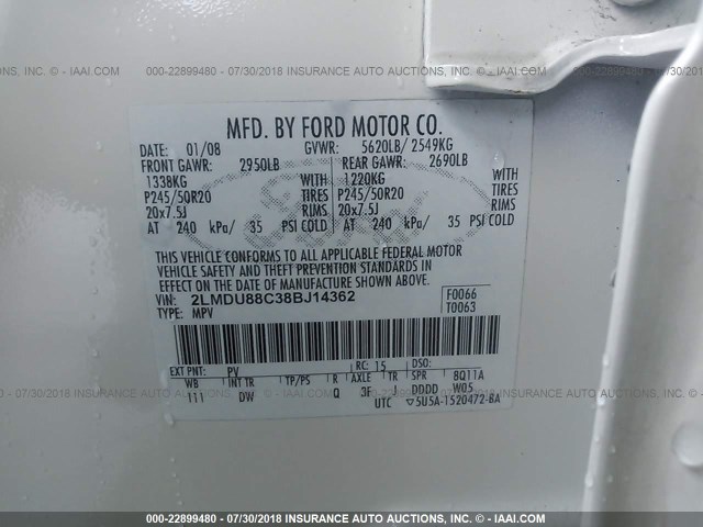 2LMDU88C38BJ14362 - 2008 LINCOLN MKX WHITE photo 9