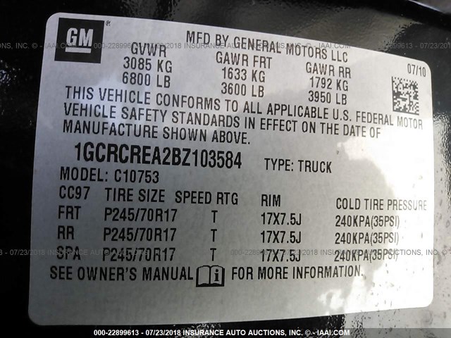 1GCRCREA2BZ103584 - 2011 CHEVROLET SILVERADO C1500  LS BLACK photo 9