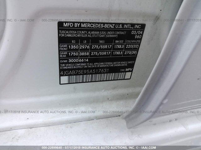 4JGAB75E95A517631 - 2005 MERCEDES-BENZ ML 500 WHITE photo 9