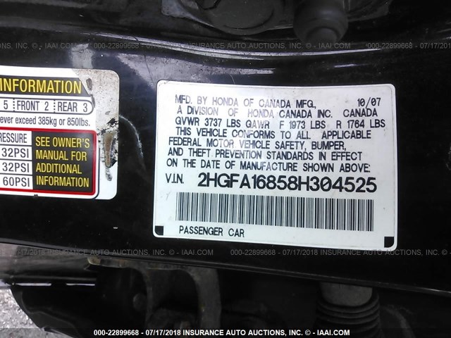 2HGFA16858H304525 - 2008 HONDA CIVIC EX BLACK photo 9