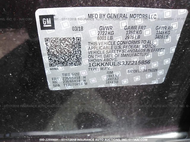 1GKKNULS3JZ215856 - 2018 GMC ACADIA SLT-1 Czarny zdjęcie 9