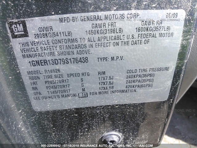 1GNER13D79S176438 - 2009 CHEVROLET TRAVERSE LS GRAY photo 9