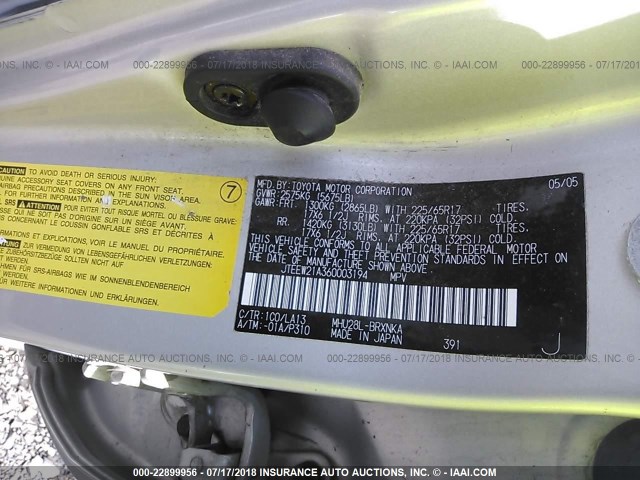 JTEEW21A360003194 - 2006 TOYOTA HIGHLANDER HYBRID SILVER photo 9