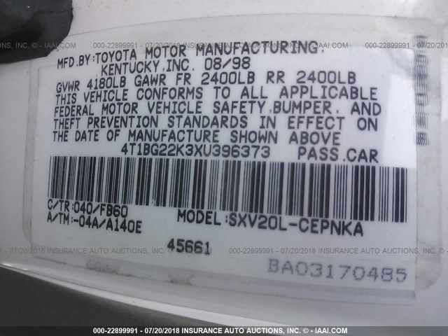 4T1BG22K3XU396373 - 1999 TOYOTA CAMRY CE/LE/XLE 白色 照片 9