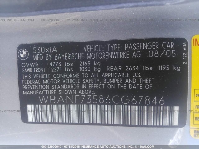 WBANF73586CG67846 - 2006 BMW 530 XI GRAY photo 9