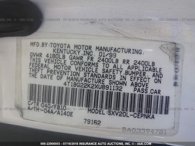 4T1BG22K2XU891132 - 1999 TOYOTA CAMRY CE/LE/XLE თეთრი ფოტო 9