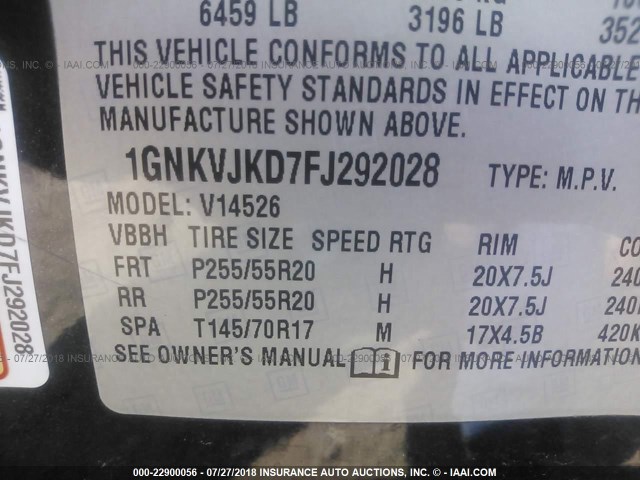 1GNKVJKD7FJ292028 - 2015 CHEVROLET TRAVERSE LTZ BLACK photo 9