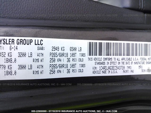 1C4RDJAG3EC543720 - 2014 DODGE DURANGO SXT GRAY photo 9