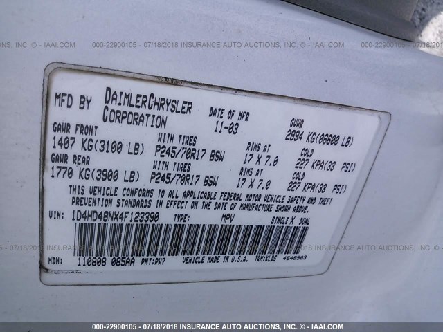 1D4HD48NX4F123390 - 2004 DODGE DURANGO SLT WHITE photo 9