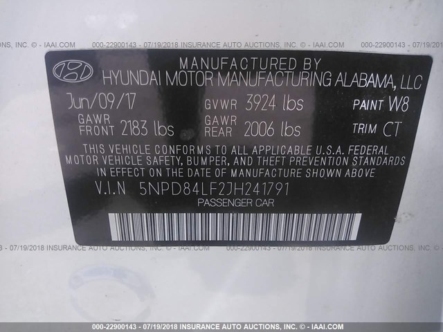 5NPD84LF2JH241791 - 2018 HYUNDAI ELANTRA SEL/VALUE/LIMITED WHITE photo 9