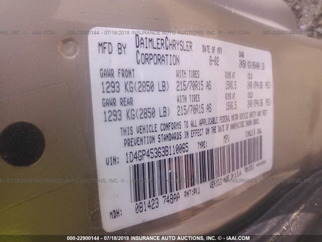 1D4GP45363B110065 - 2003 DODGE CARAVAN SPORT TAN photo 9