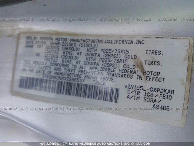 5TESN92NX3Z286547 - 2003 TOYOTA TACOMA XTRACAB PRERUNNER ვერცხლისფერი ფოტო 9