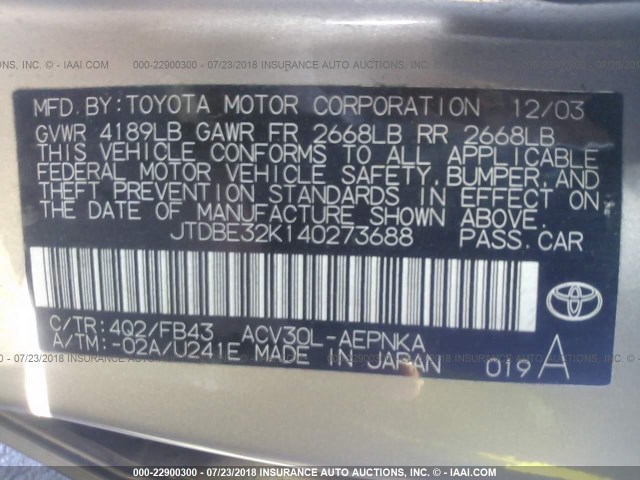 JTDBE32K140273688 - 2004 TOYOTA CAMRY LE/XLE GOLD photo 9