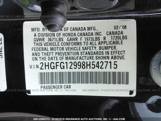 2HGFG12998H542715 - 2008 HONDA CIVIC EXL BLACK photo 9