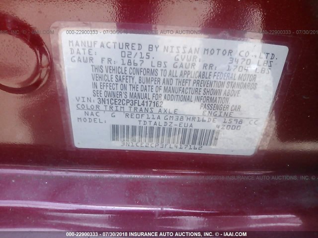 3N1CE2CP3FL417162 - 2015 NISSAN VERSA NOTE S/S PLUS/SV/SL/SR RED photo 9