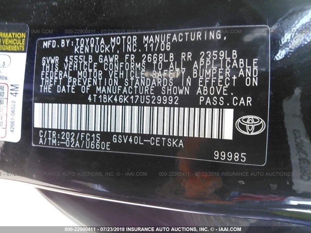 4T1BK46K17U529992 - 2007 TOYOTA CAMRY NEW GENERAT LE/XLE/SE BLACK photo 9