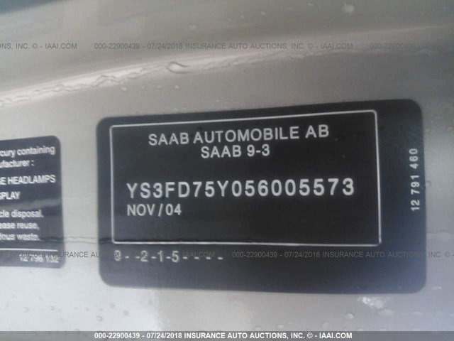 YS3FD75Y056005573 - 2005 SAAB 9-3 ARC TAN photo 9