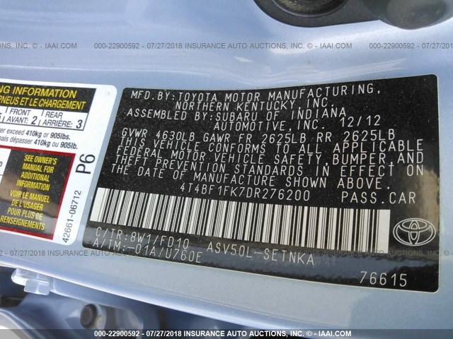 4T4BF1FK7DR276200 - 2013 TOYOTA CAMRY L/SE/LE/XLE ლურჯი ფოტო 9