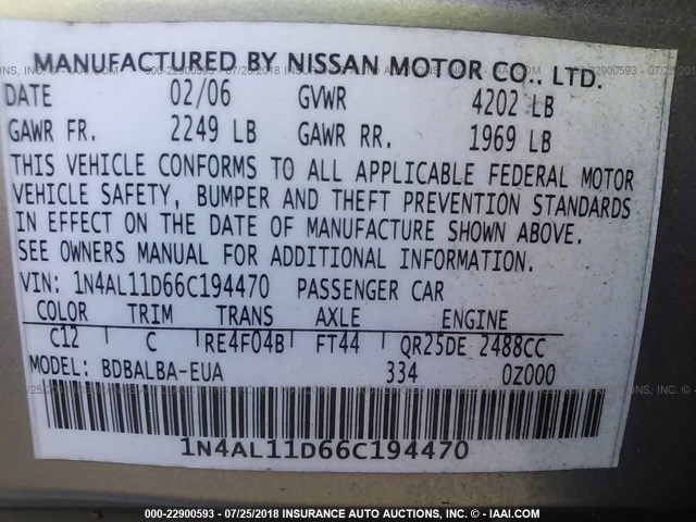 1N4AL11D66C194470 - 2006 NISSAN ALTIMA S/SL BEIGE photo 9