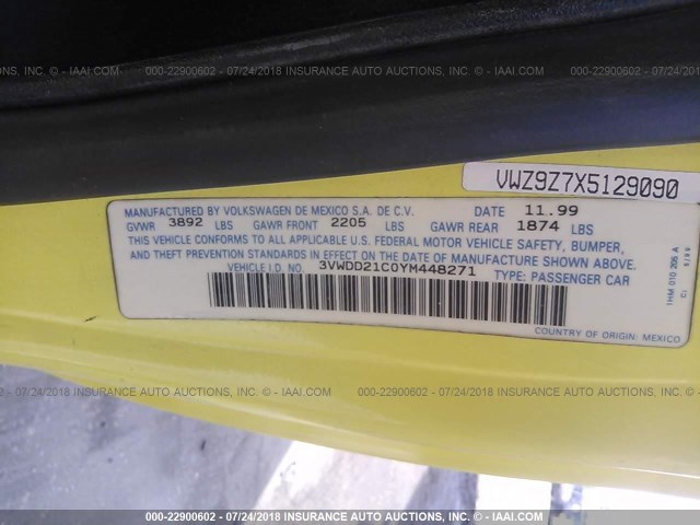 3VWDD21C0YM448271 - 2000 VOLKSWAGEN NEW BEETLE GLX ყვითელი ფოტო 9