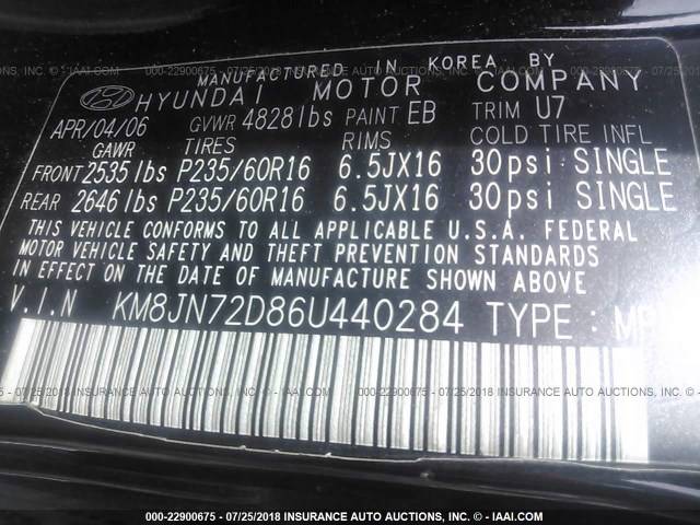 KM8JN72D86U440284 - 2006 HYUNDAI TUCSON GLS/LIMITED BLACK photo 9