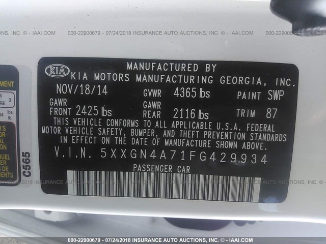 5XXGN4A71FG429934 - 2015 KIA OPTIMA EX WHITE photo 9