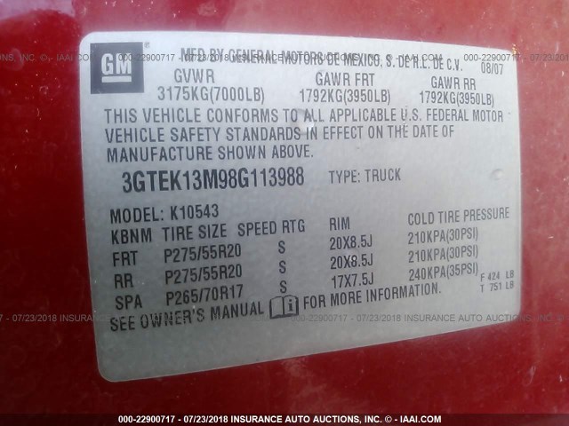 3GTEK13M98G113988 - 2008 GMC SIERRA K1500 RED photo 9