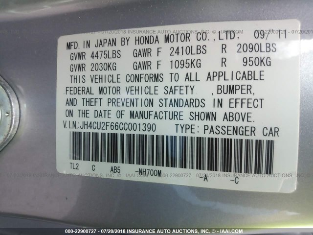 JH4CU2F66CC001390 - 2012 ACURA TSX TECH SILVER photo 9