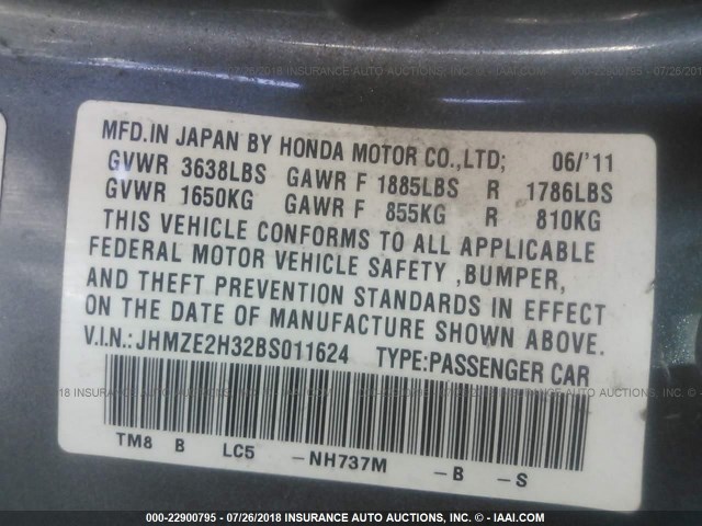 JHMZE2H32BS011624 - 2011 HONDA INSIGHT GRAY photo 9