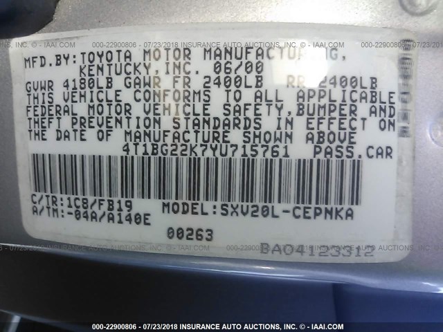 4T1BG22K7YU715761 - 2000 TOYOTA CAMRY CE/LE/XLE 银色 照片 9