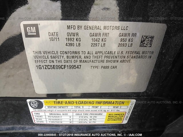 1G1ZC5E09CF199547 - 2012 CHEVROLET MALIBU 1LT შავი ფოტო 9