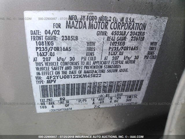 4F2YU08122KM45822 - 2002 MAZDA TRIBUTE LX/ES 银色 照片 9