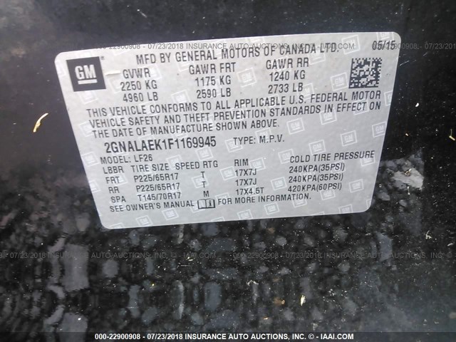 2GNALAEK1F1169945 - 2015 CHEVROLET EQUINOX LS BLACK photo 9