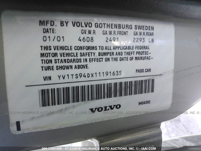 YV1TS94DX11191635 - 2001 VOLVO S80 SILVER photo 9