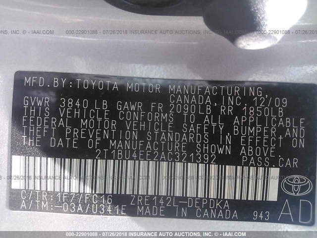 2T1BU4EE2AC321392 - 2010 TOYOTA COROLLA S/LE/XLE SILVER photo 9