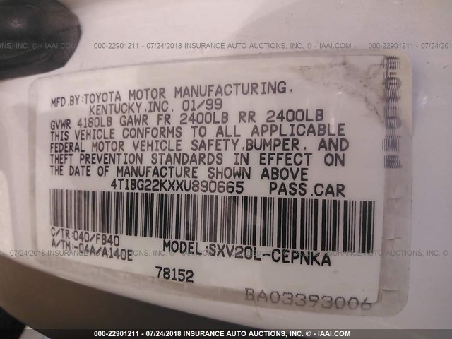 4T1BG22KXXU890665 - 1999 TOYOTA CAMRY CE/LE/XLE 白色 照片 9