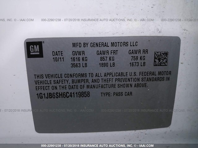 1G1JB6SH6C4119858 - 2012 CHEVROLET SONIC LS 白色 照片 9