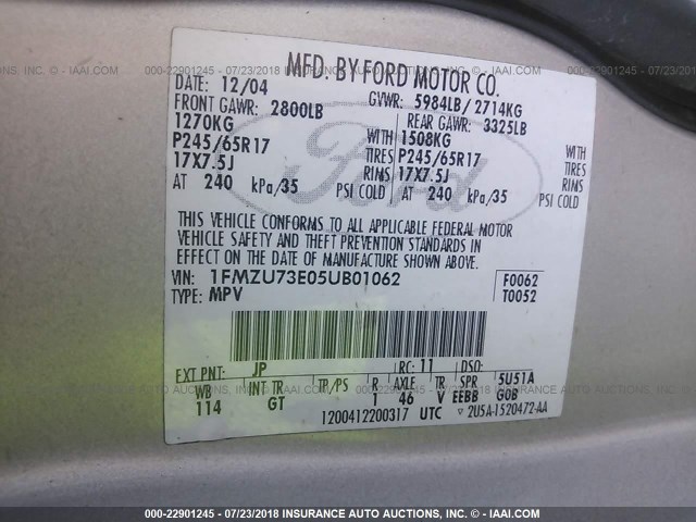 1FMZU73E05UB01062 - 2005 FORD EXPLORER XLT/XLT SPORT/NBX 银色 照片 9