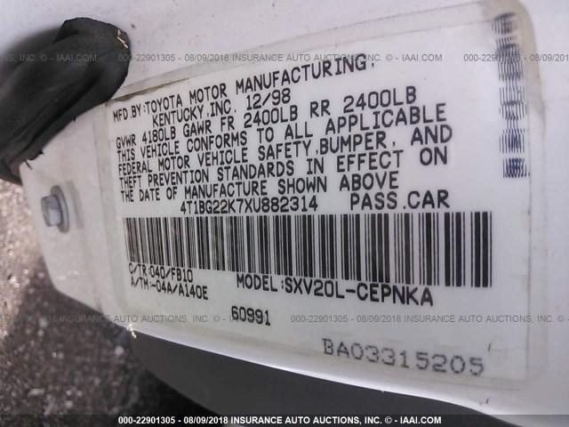 4T1BG22K7XU882314 - 1999 TOYOTA CAMRY CE/LE/XLE 白色 照片 9