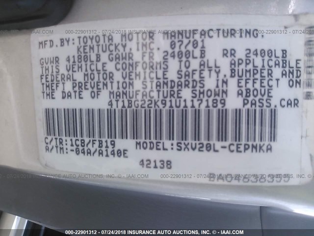 4T1BG22K91U117189 - 2001 TOYOTA CAMRY CE/LE/XLE ვერცხლისფერი ფოტო 9