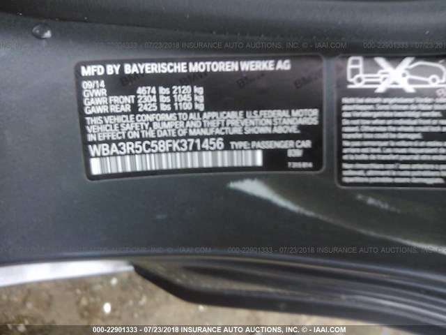 WBA3R5C58FK371456 - 2015 BMW 435 XI GRAY photo 9