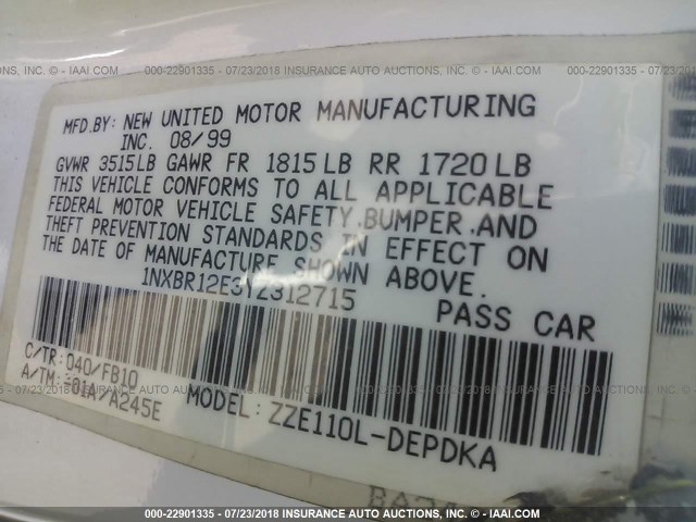 1NXBR12E3YZ312715 - 2000 TOYOTA COROLLA VE/CE/LE 白色 照片 9