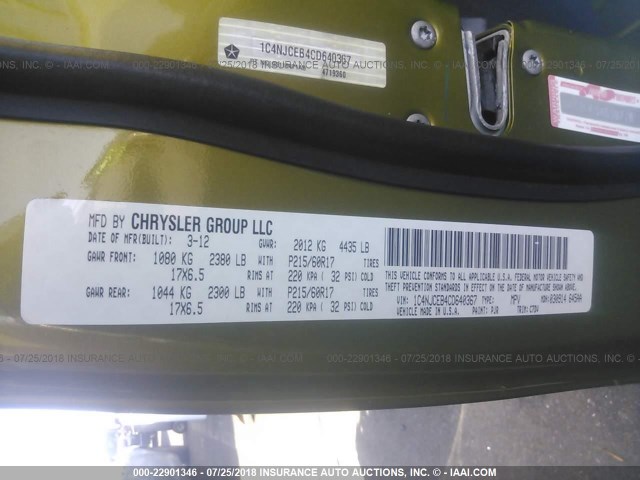 1C4NJCEB4CD640367 - 2012 JEEP COMPASS LATITUDE 绿色 照片 9