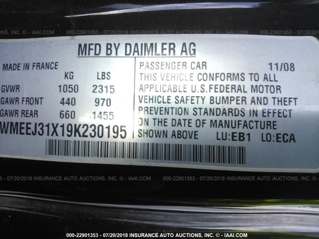 WMEEJ31X19K230195 - 2009 SMART FORTWO PURE/PASSION RED photo 9